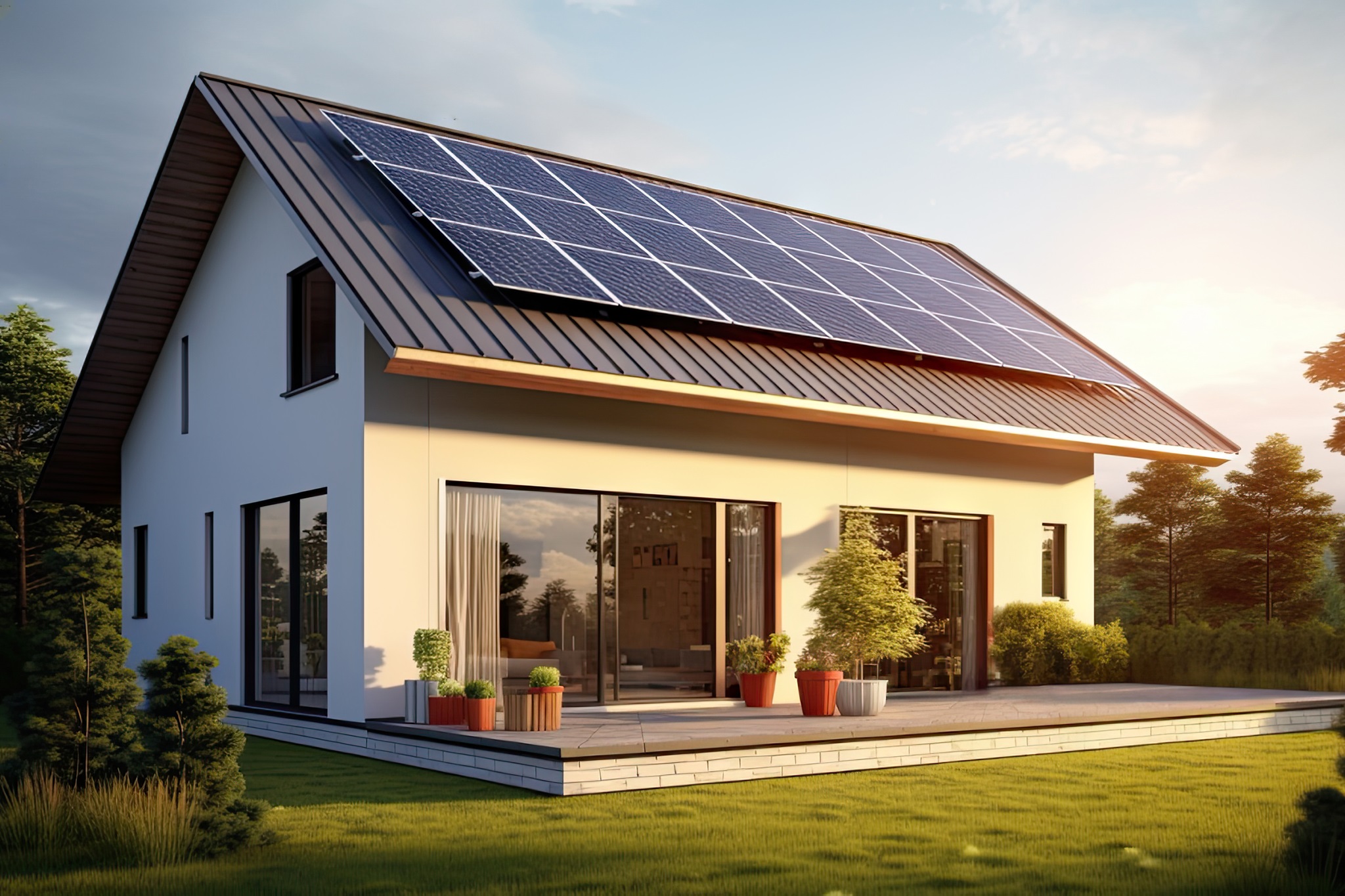 New suburban house with a photovoltaic system on the roof. Modern eco friendly passive house with landscaped yard. Solar panels on the gable roof.