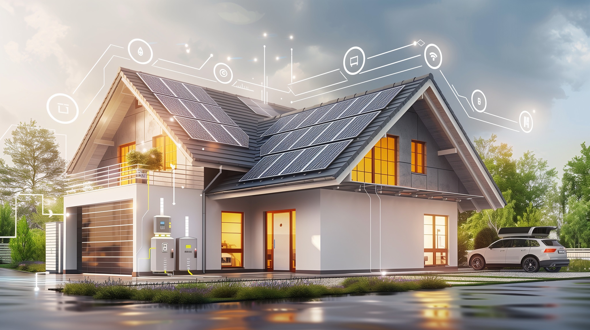 Sustainability illustration saves planet earth with eco-friendly technologies. A House with solar energy panels, and an electric car with a battery backup on the wall.